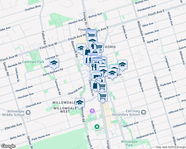 map of restaurants, bars, coffee shops, grocery stores, and more near 5400 Yonge Street in North York