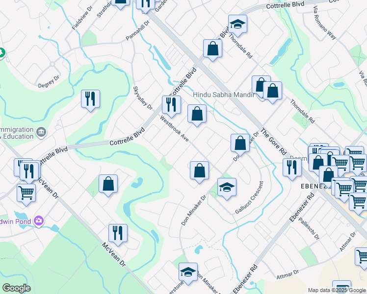 map of restaurants, bars, coffee shops, grocery stores, and more near 102 Whitehouse Crescent in Brampton