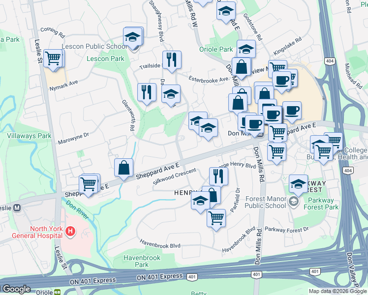 map of restaurants, bars, coffee shops, grocery stores, and more near 85 Shaughnessy Boulevard in Toronto