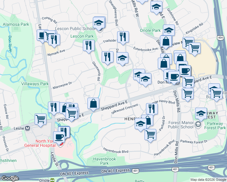 map of restaurants, bars, coffee shops, grocery stores, and more near 14 Glentworth Road in Toronto