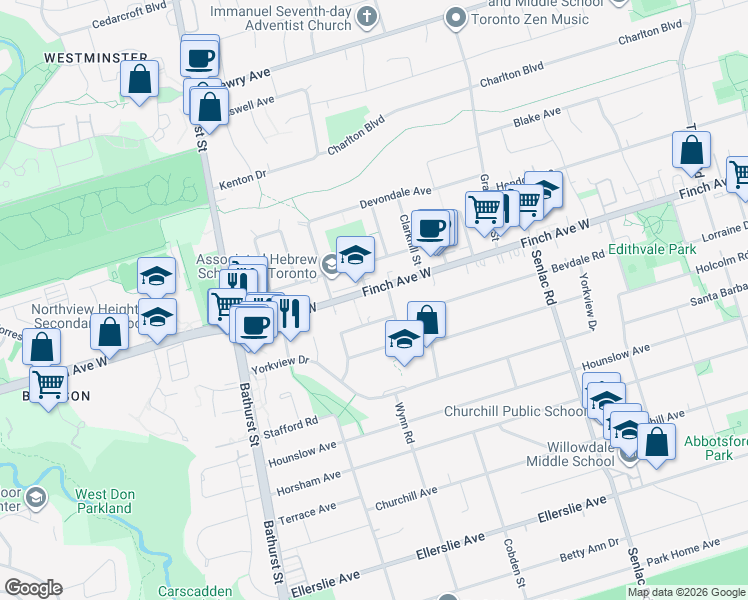 map of restaurants, bars, coffee shops, grocery stores, and more near 247 Finch Avenue West in Toronto