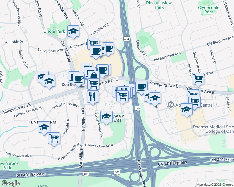 map of restaurants, bars, coffee shops, grocery stores, and more near 123 Parkway Forest Drive in Toronto