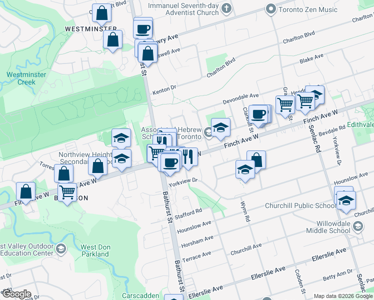 map of restaurants, bars, coffee shops, grocery stores, and more near 292 Finch Avenue West in Toronto