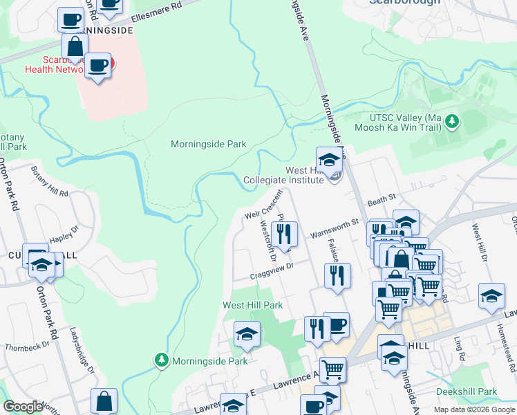 map of restaurants, bars, coffee shops, grocery stores, and more near 103 Weir Crescent in Toronto