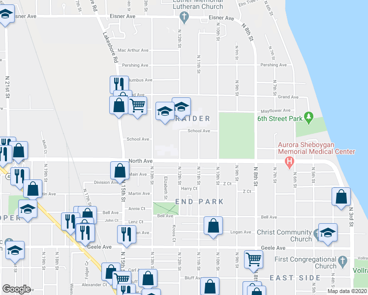 map of restaurants, bars, coffee shops, grocery stores, and more near 2727 North 12th Street in Sheboygan