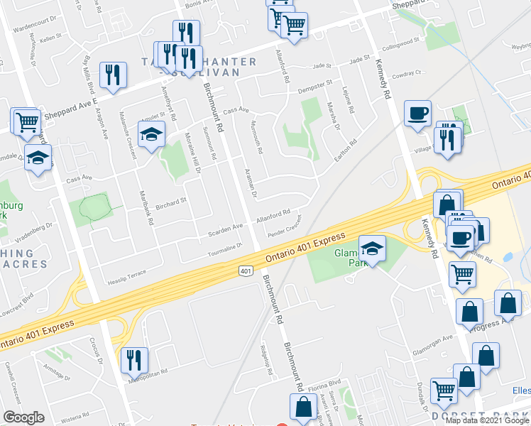 map of restaurants, bars, coffee shops, grocery stores, and more near in Toronto