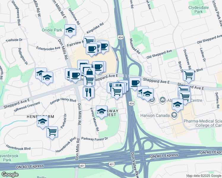 map of restaurants, bars, coffee shops, grocery stores, and more near in Toronto