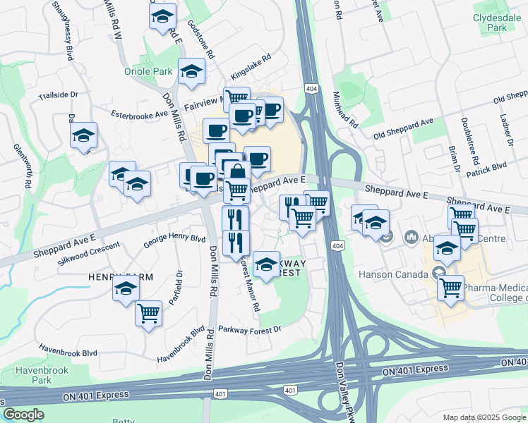 map of restaurants, bars, coffee shops, grocery stores, and more near in Toronto