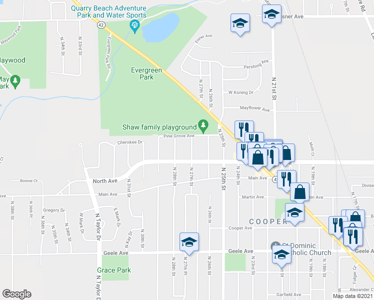 map of restaurants, bars, coffee shops, grocery stores, and more near 2717 North 28th Street in Sheboygan