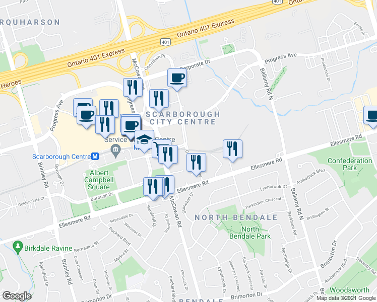 map of restaurants, bars, coffee shops, grocery stores, and more near 301-111 Grangeway Avenue in Toronto