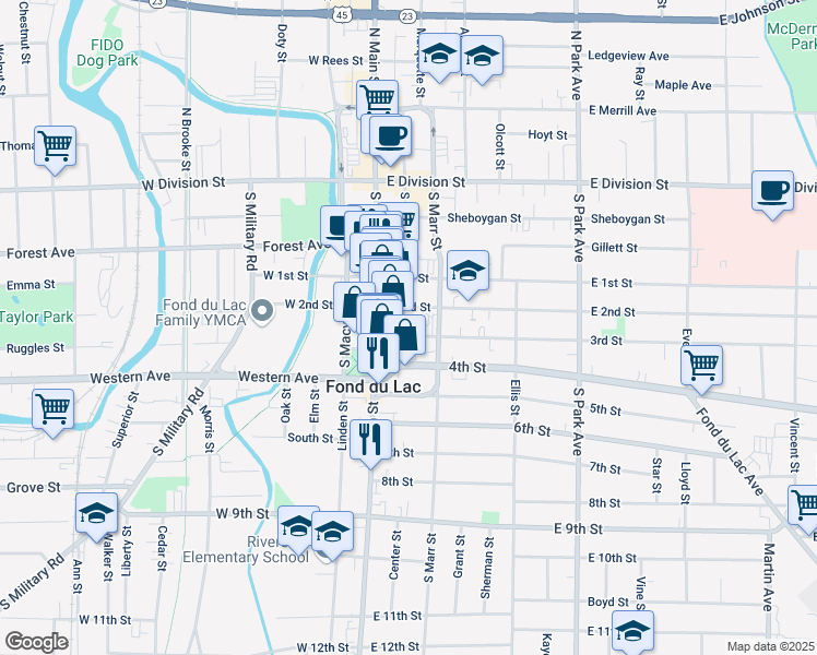 map of restaurants, bars, coffee shops, grocery stores, and more near 19 3rd Street in Fond du Lac