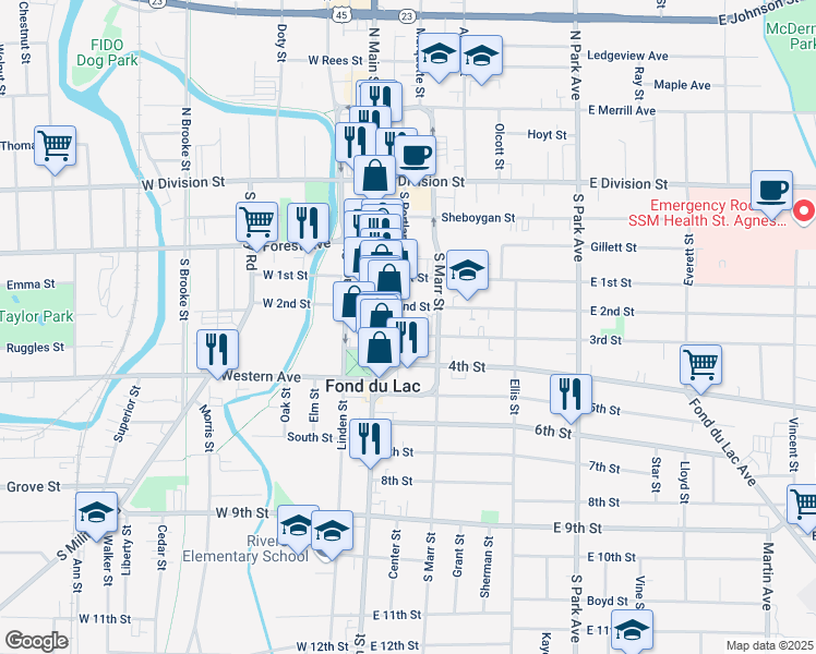 map of restaurants, bars, coffee shops, grocery stores, and more near 19 3rd Street in Fond du Lac