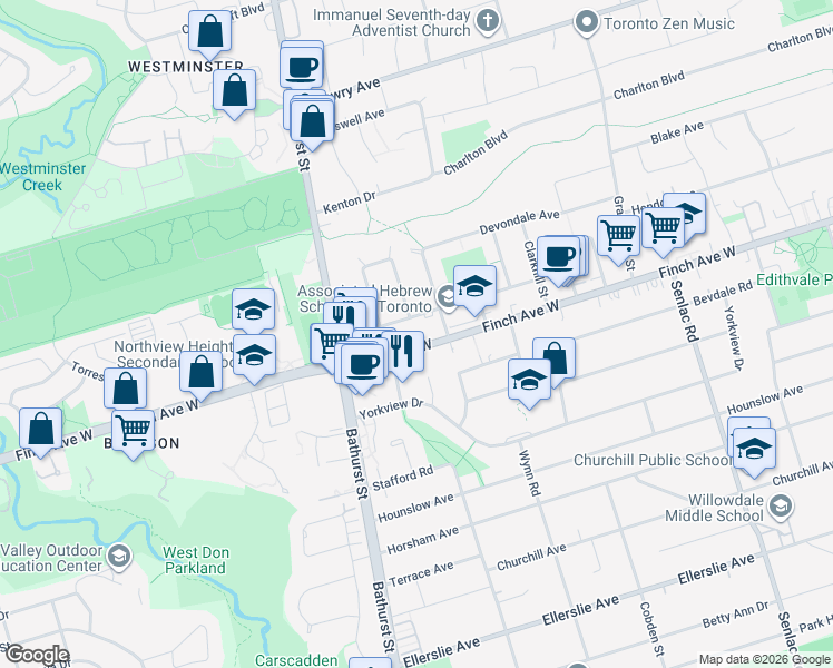 map of restaurants, bars, coffee shops, grocery stores, and more near 286 Finch Avenue West in Toronto