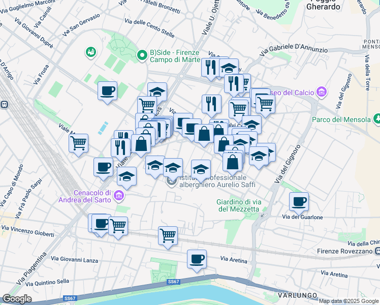 map of restaurants, bars, coffee shops, grocery stores, and more near 23 Via dei Frullani in Firenze