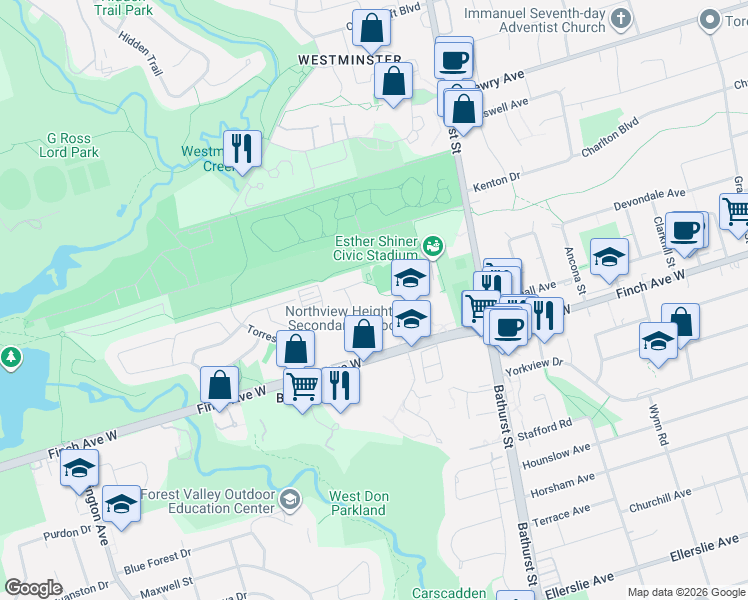 map of restaurants, bars, coffee shops, grocery stores, and more near 16 Dunboyne Court in Toronto