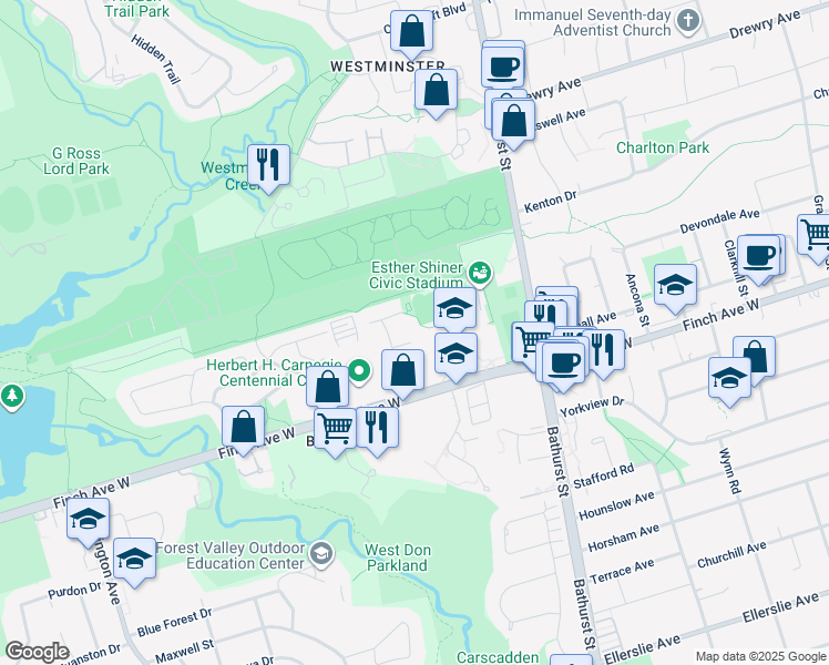 map of restaurants, bars, coffee shops, grocery stores, and more near 16 Dunboyne Court in Toronto