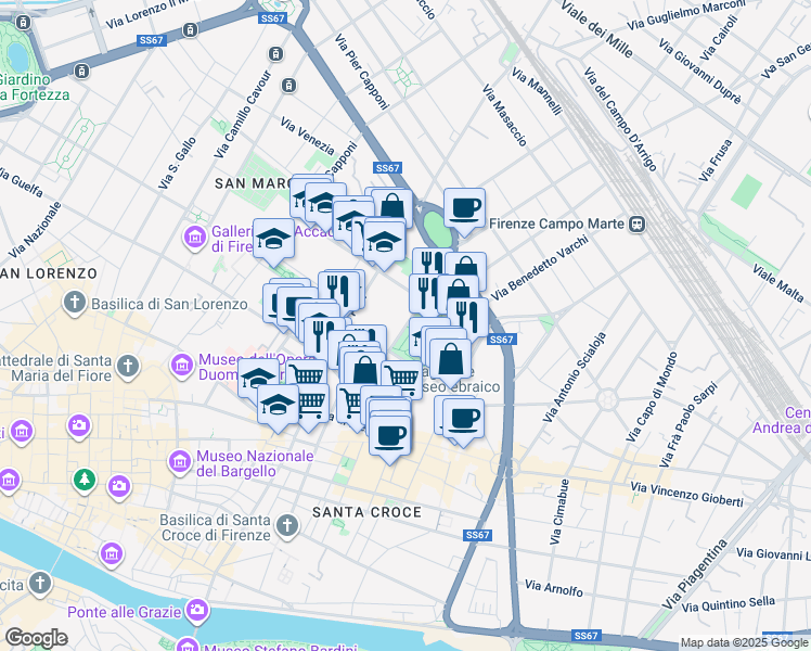 map of restaurants, bars, coffee shops, grocery stores, and more near 34 Piazza Massimo D'Azeglio in Florence