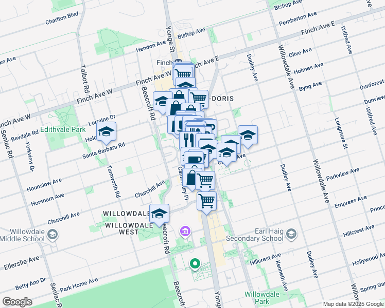 map of restaurants, bars, coffee shops, grocery stores, and more near 5400 Yonge Street in Toronto