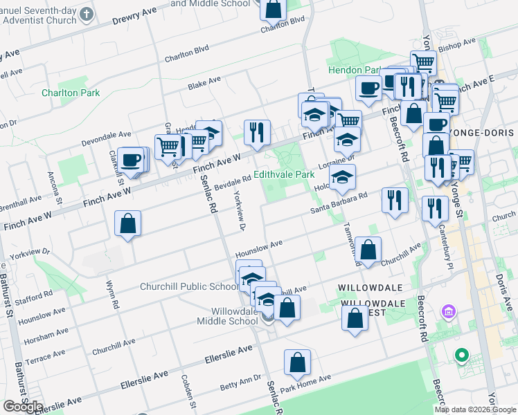 map of restaurants, bars, coffee shops, grocery stores, and more near 66 Claywood Road in Toronto