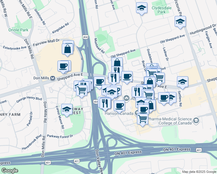 map of restaurants, bars, coffee shops, grocery stores, and more near 275 Yorkland Road in Toronto