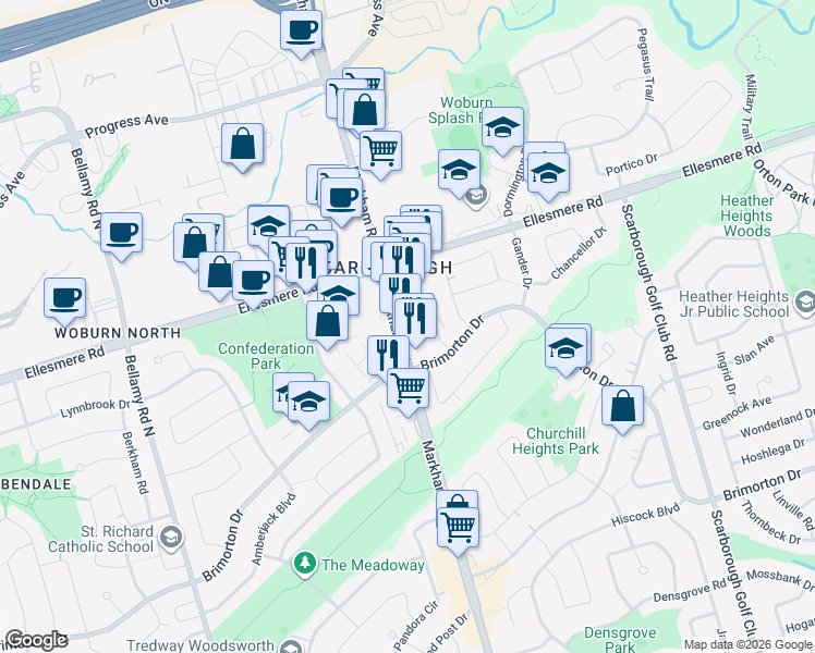 map of restaurants, bars, coffee shops, grocery stores, and more near 30 Meadowglen Place in Toronto