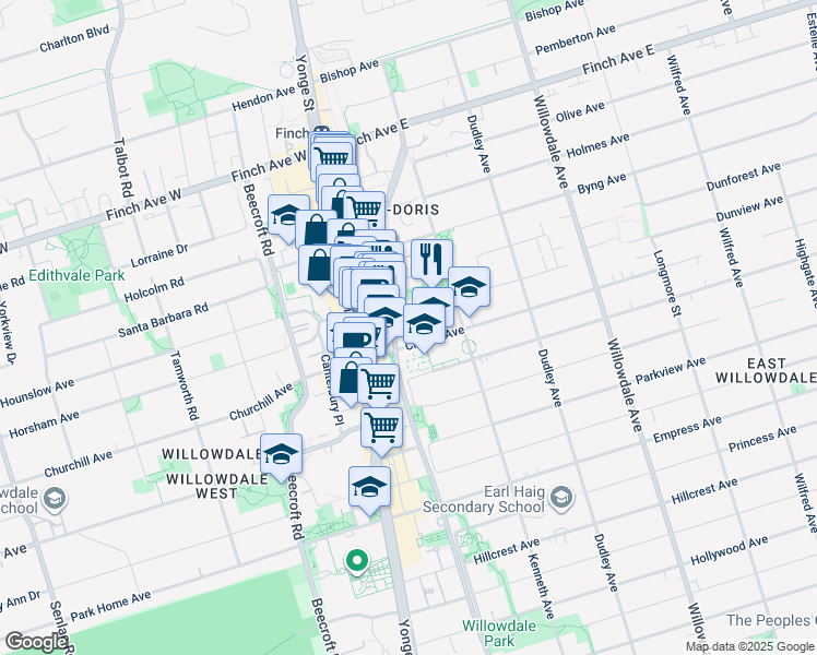 map of restaurants, bars, coffee shops, grocery stores, and more near 88 Grandview Way in Toronto