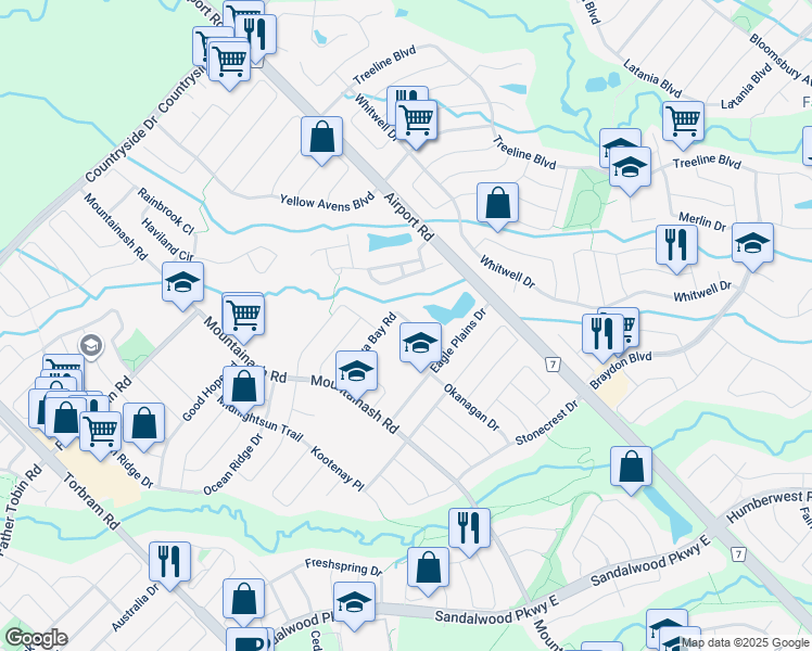 map of restaurants, bars, coffee shops, grocery stores, and more near 22 Ungava Bay Road in Brampton