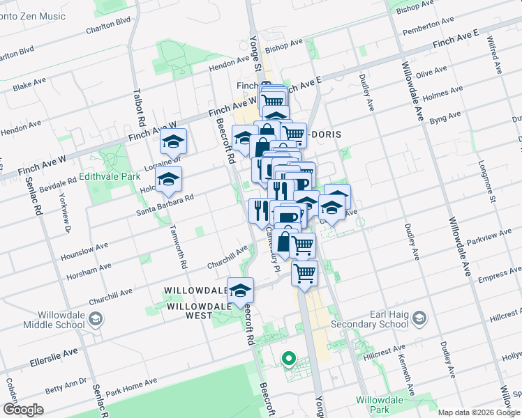 map of restaurants, bars, coffee shops, grocery stores, and more near 10 Horsham Avenue in Toronto