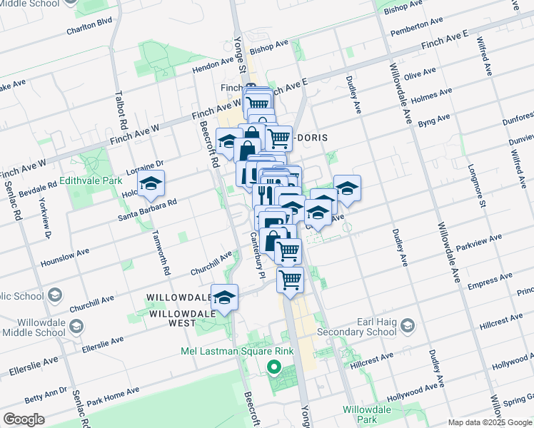 map of restaurants, bars, coffee shops, grocery stores, and more near 5400 Yonge Street in North York