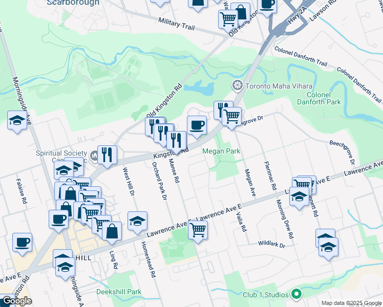 map of restaurants, bars, coffee shops, grocery stores, and more near 4649 Kingston Road in Toronto