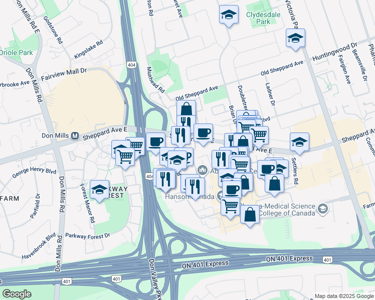 map of restaurants, bars, coffee shops, grocery stores, and more near in Toronto