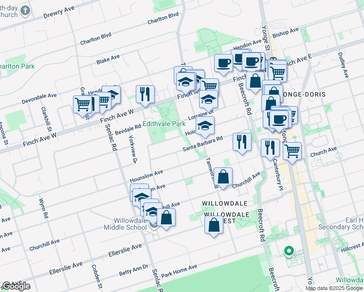 map of restaurants, bars, coffee shops, grocery stores, and more near in Toronto