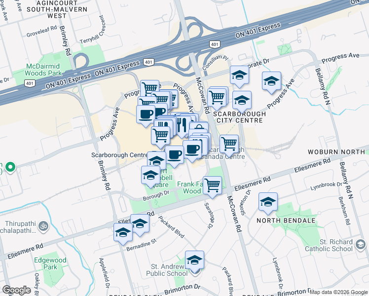 map of restaurants, bars, coffee shops, grocery stores, and more near 200 Town Centre Court in Toronto