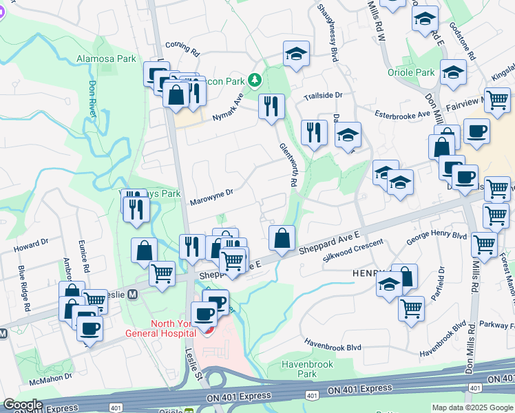 map of restaurants, bars, coffee shops, grocery stores, and more near 47 Clovercrest Road in Toronto