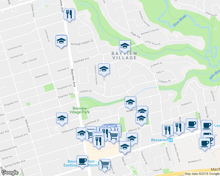 map of restaurants, bars, coffee shops, grocery stores, and more near 10 Bayberry Crescent in Toronto