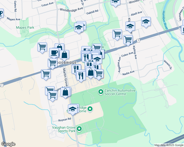 map of restaurants, bars, coffee shops, grocery stores, and more near 137 Woodstream Boulevard in Vaughan