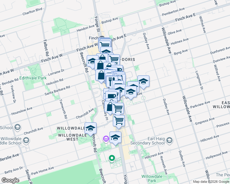 map of restaurants, bars, coffee shops, grocery stores, and more near 5 Northtown Way in Toronto