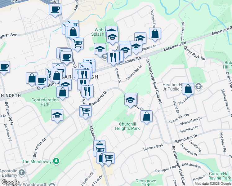 map of restaurants, bars, coffee shops, grocery stores, and more near 77 Peace Drive in Toronto