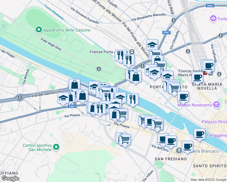 map of restaurants, bars, coffee shops, grocery stores, and more near Ponte della Vittoria in Florence