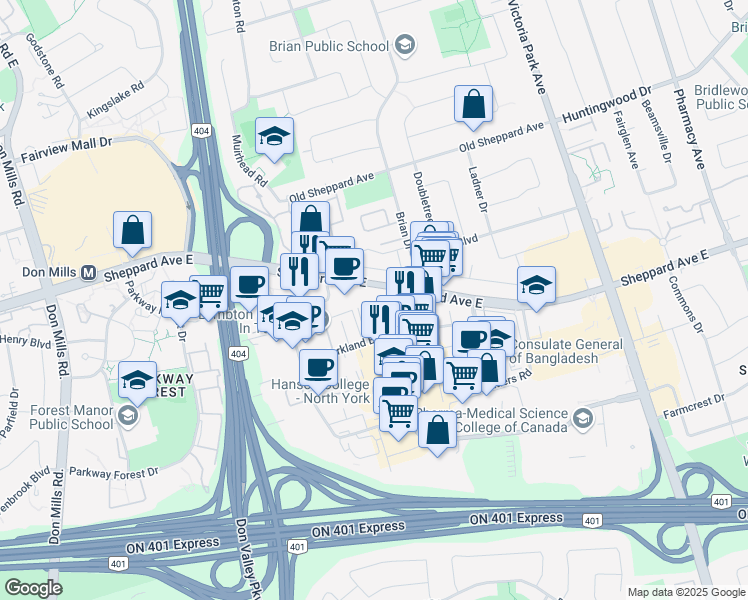 map of restaurants, bars, coffee shops, grocery stores, and more near 2125 Sheppard Avenue East in Toronto