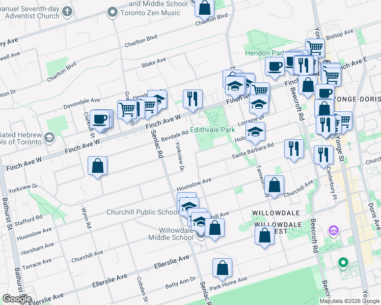 map of restaurants, bars, coffee shops, grocery stores, and more near in Toronto