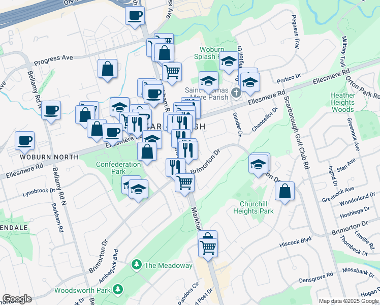 map of restaurants, bars, coffee shops, grocery stores, and more near 10 Meadowglen Place in Toronto
