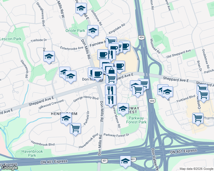 map of restaurants, bars, coffee shops, grocery stores, and more near 70 Forest Manor Road in Toronto