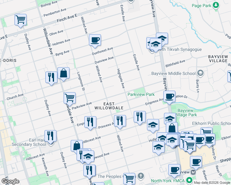 map of restaurants, bars, coffee shops, grocery stores, and more near 300 Parkview Avenue in Toronto