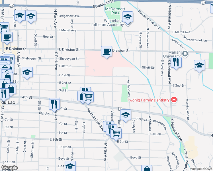 map of restaurants, bars, coffee shops, grocery stores, and more near 406 East 2nd Street in Fond du Lac