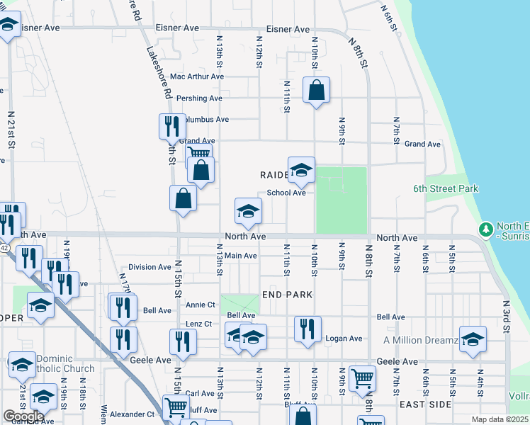 map of restaurants, bars, coffee shops, grocery stores, and more near 2717 North 12th Street in Sheboygan