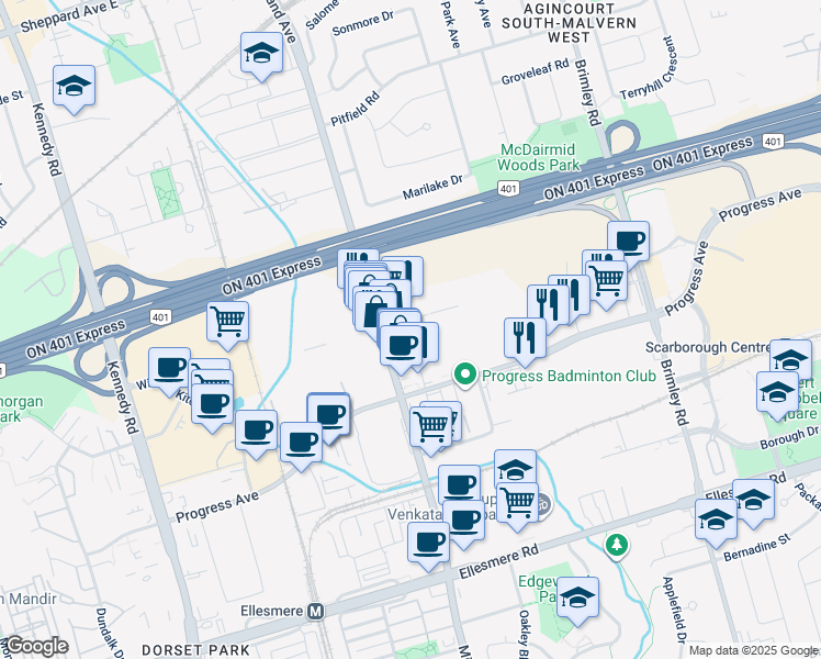 map of restaurants, bars, coffee shops, grocery stores, and more near in Toronto