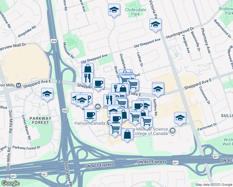 map of restaurants, bars, coffee shops, grocery stores, and more near in Toronto