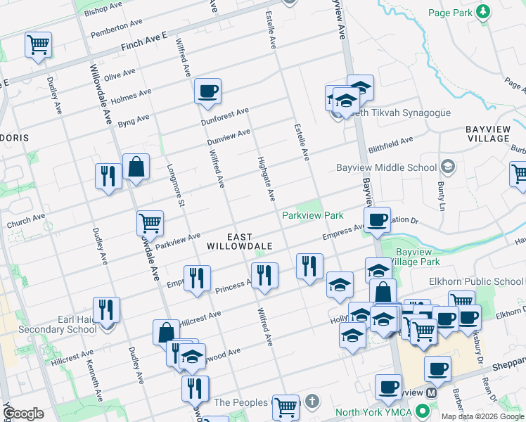 map of restaurants, bars, coffee shops, grocery stores, and more near 316 Parkview Avenue in Toronto