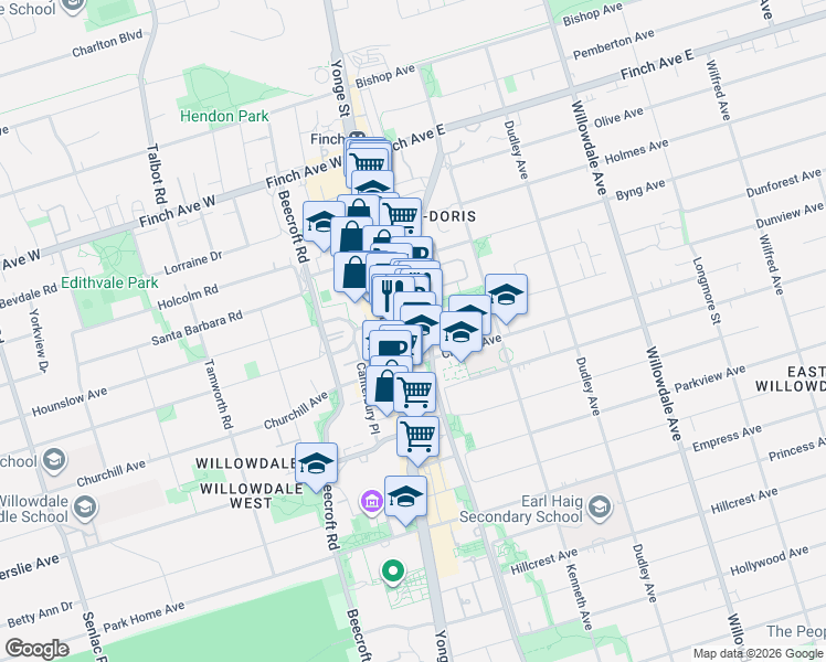 map of restaurants, bars, coffee shops, grocery stores, and more near 15 Northtown Way in Toronto